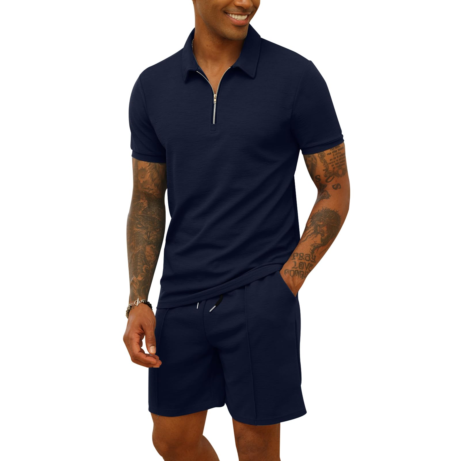 Mens 2 Piece Zip Tracksuit Short Sleeve Printed Polo Shirt and Shorts Pants Sets Summer Casual Outfits for Men