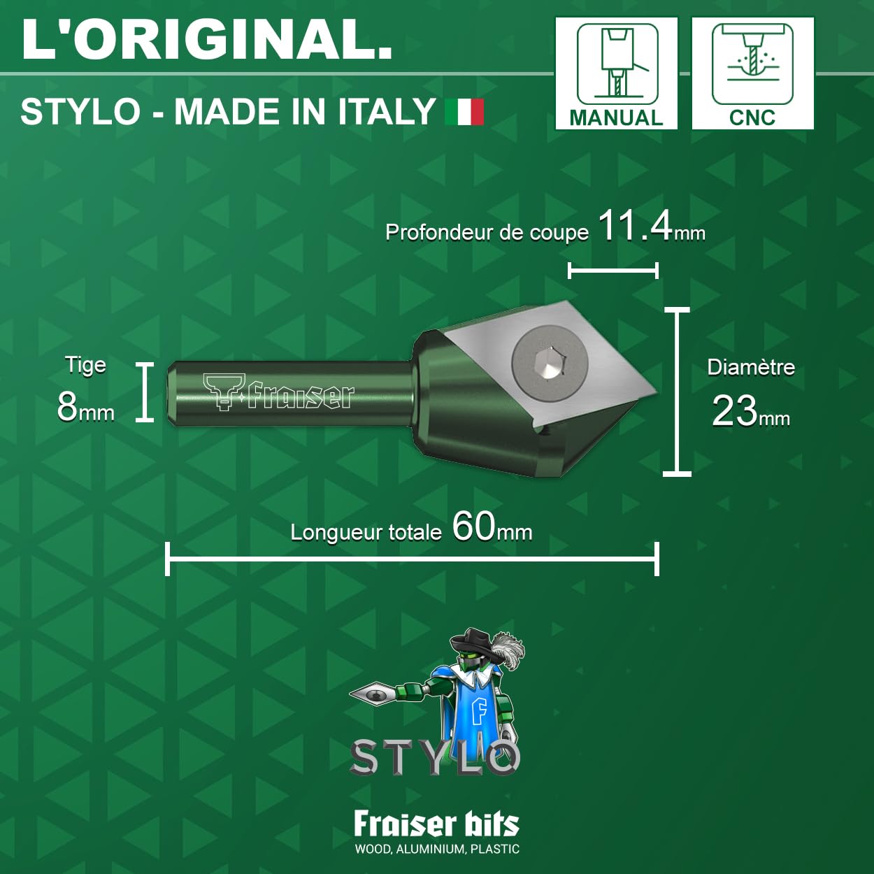 Fraiser Stylo - Fraise en V multifonction avec insert réversible pour gravure, chanfrein 45° et rainures en V 90°, queue 8 mm, pour CNC et défonceuse, bois, MDF et plastiques