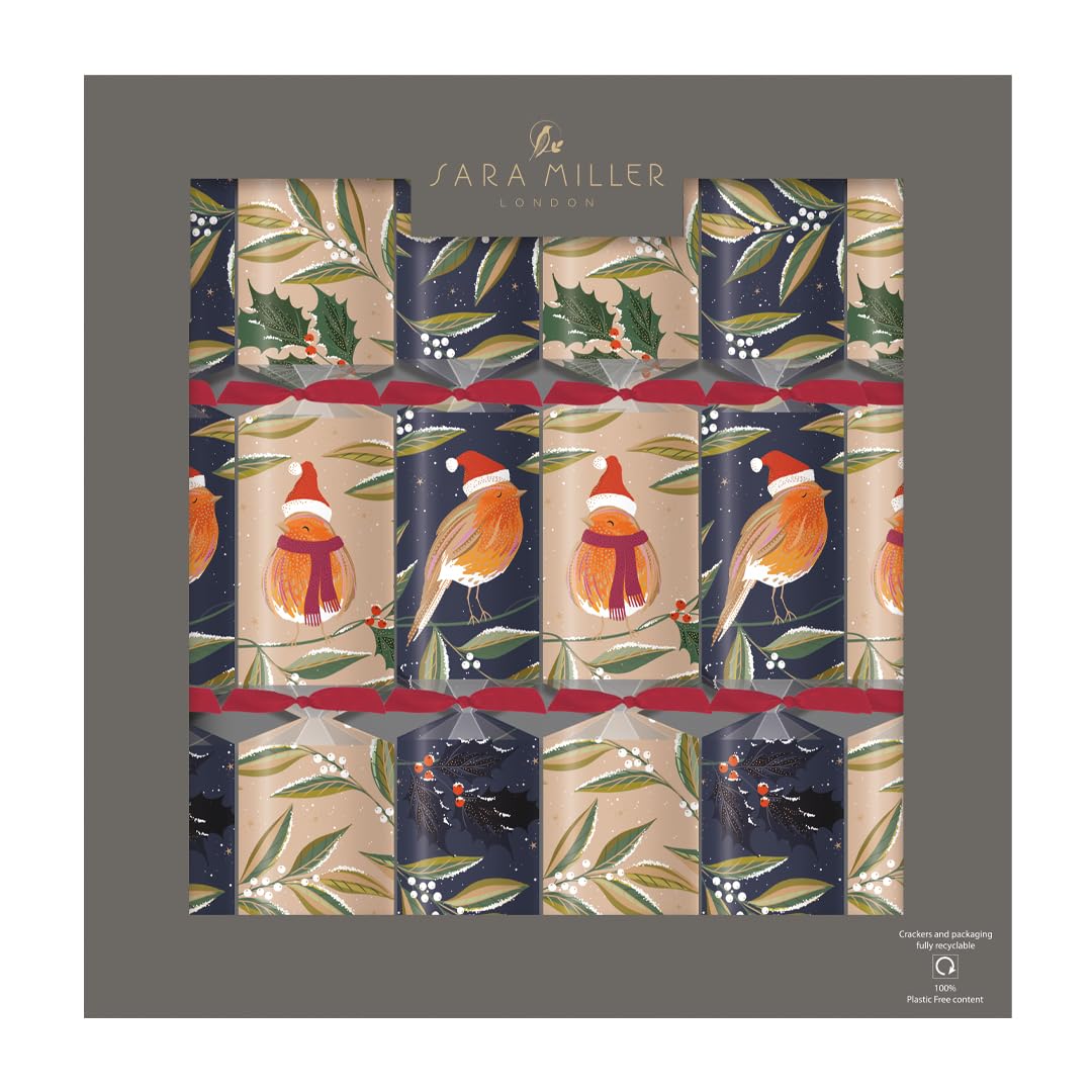 Penny Kennedy Blue And Cream Sara Miller Designed Christmas Crackers - Christmas Robin Design - Tray Of 6 X 12 Inch - Eco Friendly Plastic Inside - Luxury Deluxe Christmas Crackers