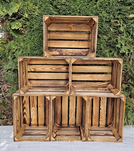 Rustic Wooden Storage Crates – Burnt Effect Solid Wood Boxes for Home or Display – Set of 6 (23 x 29 x 39 cm)