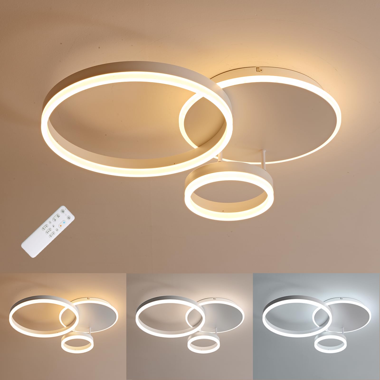 Mounm Weiß Led Ceiling Light, 54W 5400Lm Modern Aluminum Led Ceiling Lamp, Dimmable With Remote Control, 3000K - 6000K, Ceiling Lights For Living Room, Hallway, Bedroom, 3 Rings 65 * 50 * 8Cm (Color : White)