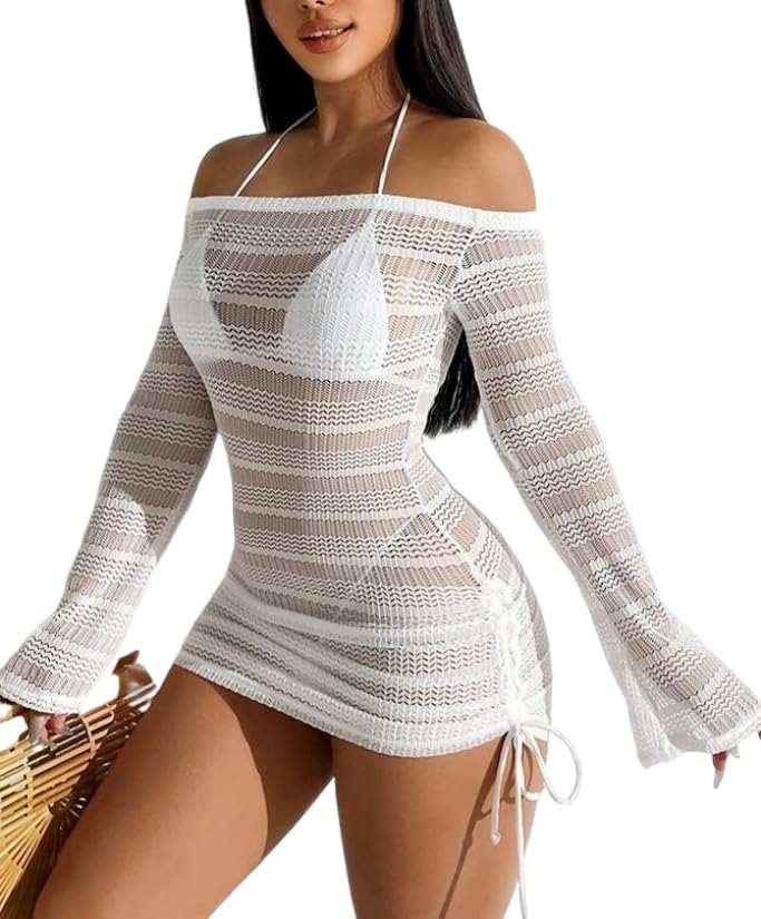 Image of ZAFUL Womens Swimsuit Cover Up Dress Off Shoulder Hollow Coverup Bathing Suit Mesh Swim Beach Dress