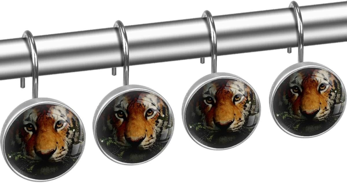 12 Pcs Tiger Shower Curtain Hooks, Crystal Glass Resin Shower Curtain Rod Rings, Rustproof Metal Curtain Hooks Bathroom Decor for Bedroom, Farmhouse Decor