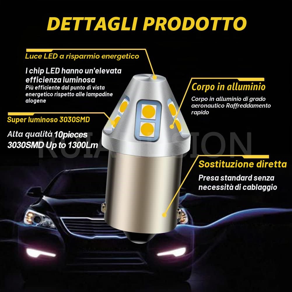 Ruiandsion - 2 lampadine LED 1156 bianco caldo 6-30V BA15S 7506, 6V 12V 24V, luci posteriori di riserva per auto, moto, senza polarità