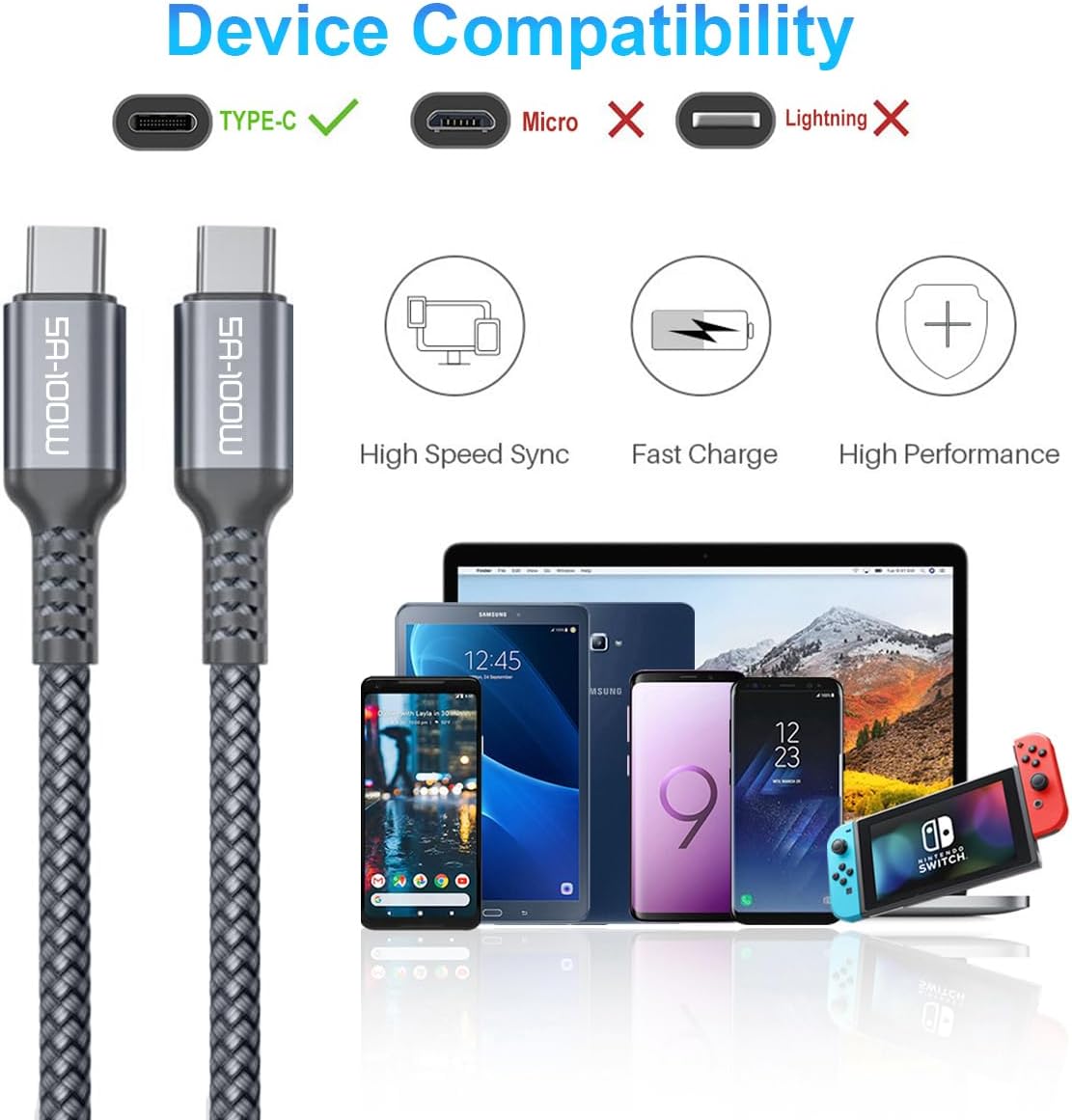 Elebase 3 Pack USB Type C Charger Cable 1.5/3.3/6.6FT and 3 Pack USB C to Type C 100W Cable 3.3/6.6/10FT for iPhone 15 Pro Max,Kindle Fire HD 7 2022 12th,10 9th,8 10th Generation,Samsung Galaxy