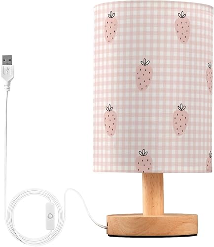 Yuiboo Lámparas de escritorio rosadas fresas a cuadros lámpara de mesa moderna para niños casa de campo dormitorio lampara para mesa