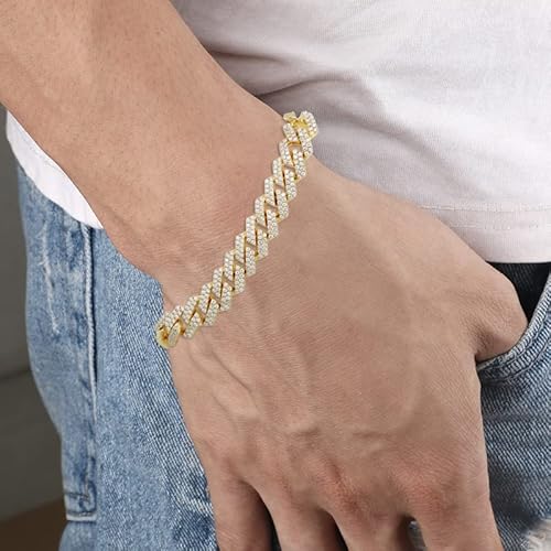 Savearth Diamonds Round Cut Lab Created Moissanite Diamond 12Mm Width Cuban Chain Bracelet In 14K Yellow Gold Over Sterling Silver Jewelry For Men (G-H Color, Vvs1 Clarity, 9.00 Ct) 8.5" Long #TOP6