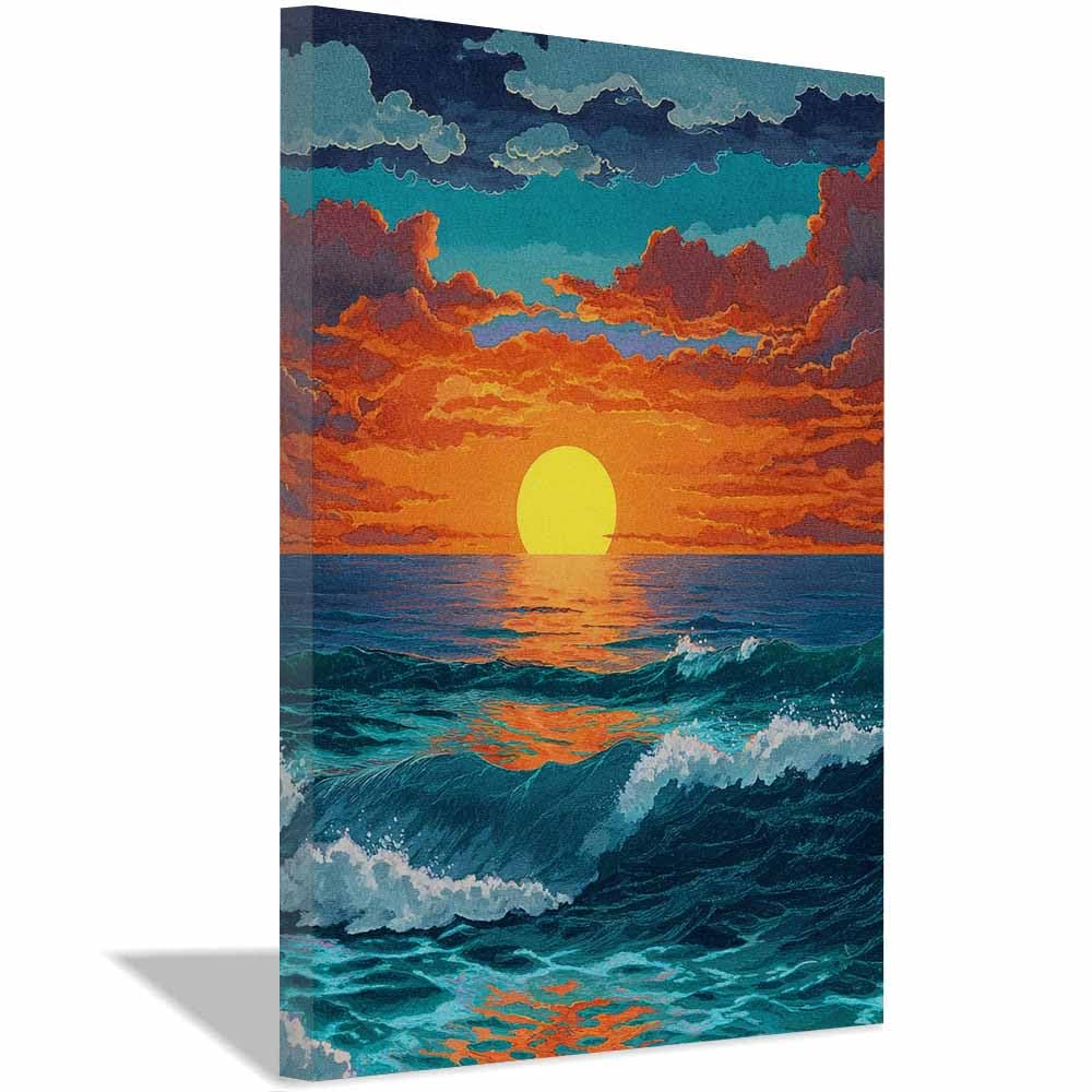 PUQAAEO Canvas Wall Art Decor, Vibrants Ocean Sunset Landscape Canvas Wall Art, Painting Prints, Bedroom Bathroom Office Decor,(Multicolor)-70x100cm Framed