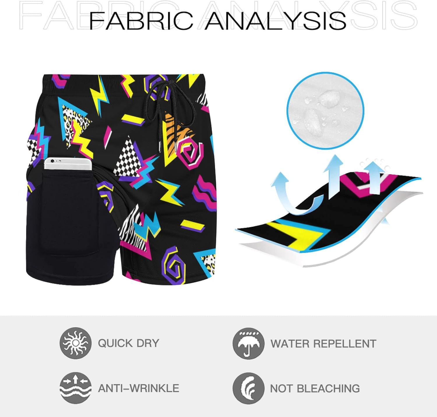 Vintage 80s Memphis Mens Beach Shorts Funny Elastic Waist Quick Dry Swim Trunks - Image 3