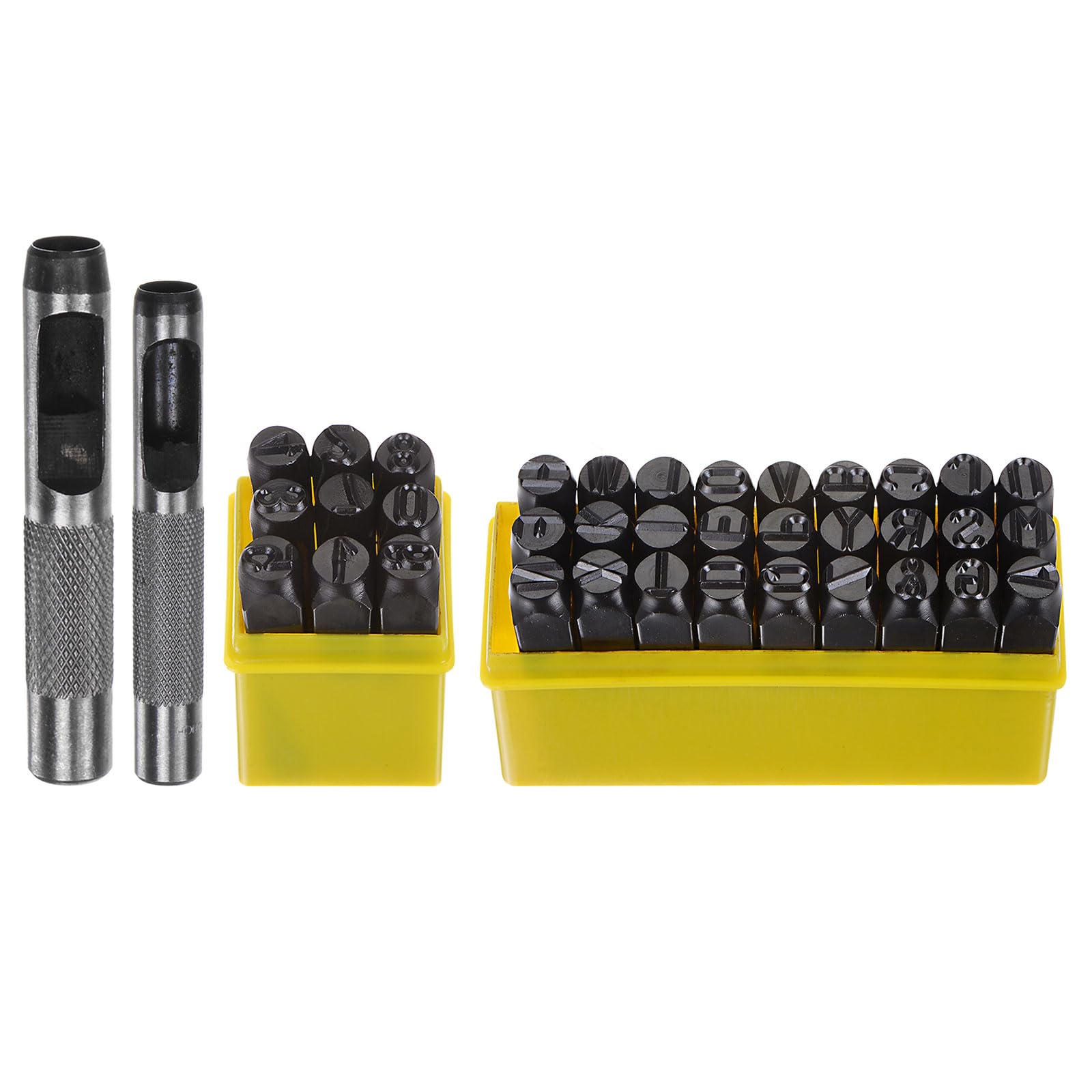 QUARKZMAN 36pz Metallo Stampaggio Kit 25/64" (10mm) (AZ, 0-8,"&" Simbolo) Acciaio Lettera Pugno Premere Utensile con Foro Pugno per Stampa su Metallo, Plastica, Legno, Pelle, Nero