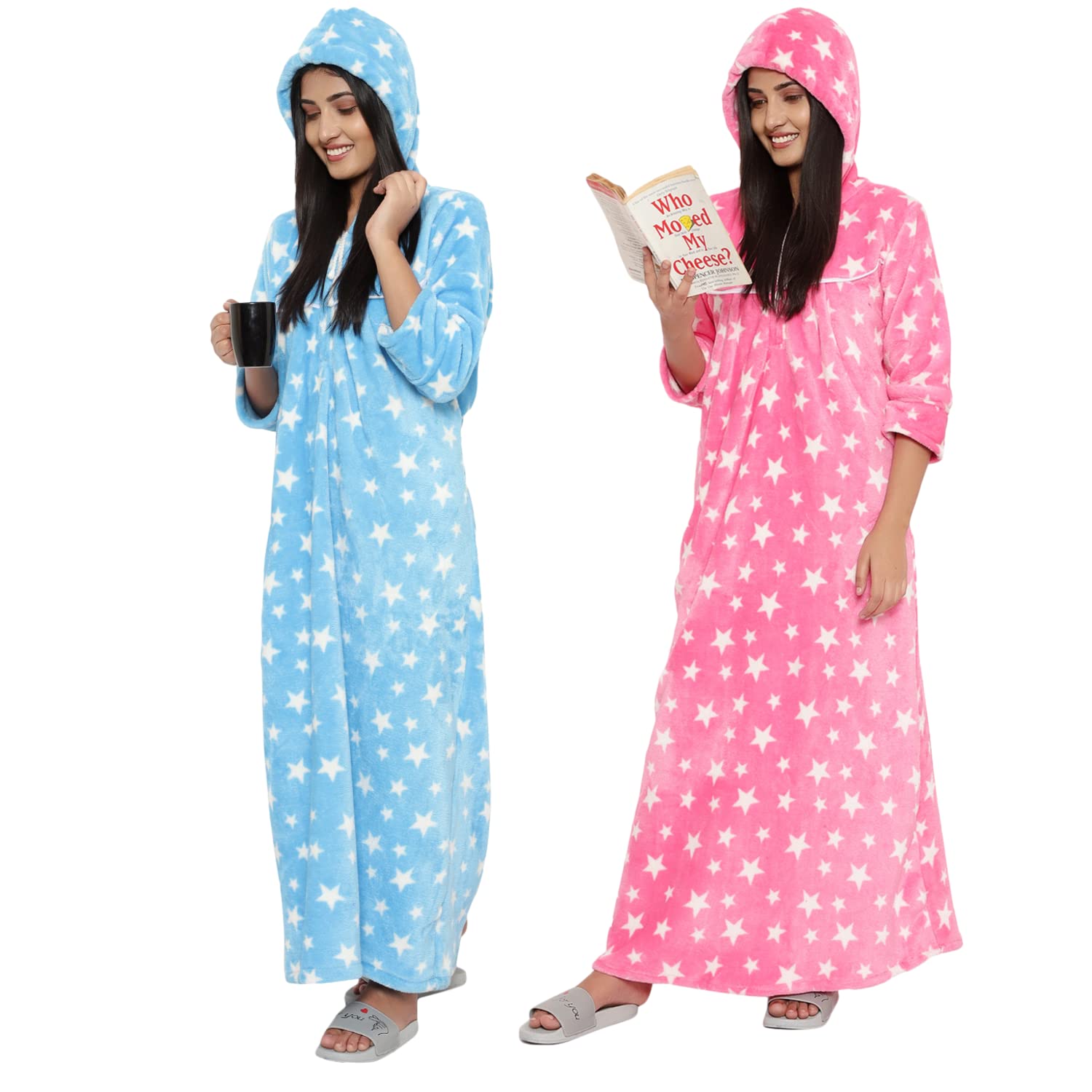 PALIVAL Women’s Woollen Star Print Maxi with Hood Nighty (Pack of 2_Pink & Sky Blue_Free Size) PALIVAL Women’s Woollen Star Print Maxi with Hood Nighty (Pack of 2_Pink & Sky Blue_Free Size)