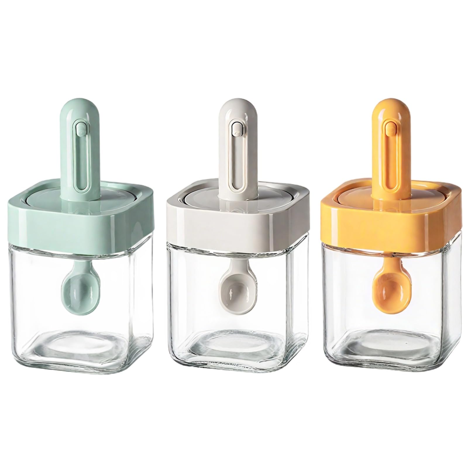 3 pièces bouteille à épices en verre rétractable, pots à épices avec cuillère intégrée, organiseur de cuisine pour condiments, hauteur 14,8 cm, jaune, vert, gris, rangement pratique pour le plan de