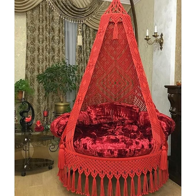 Image of Macrame Hanging Chair Swing with Cushion | Handmade Boho Hammock Chair for Adults & Kids | Indoor Outdoor for Balcony, Living Room, Bedroom, Patio & Garden (Red)