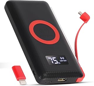 Carregador Portátil Power Bank Pineng 10.000mAh Carregamento Por Indução Carga Rápida Visor Led Digital Entrada Usb 3.0 Tipo C Com Fio Micro Usb e Adaptador Para IPhone (Preto)