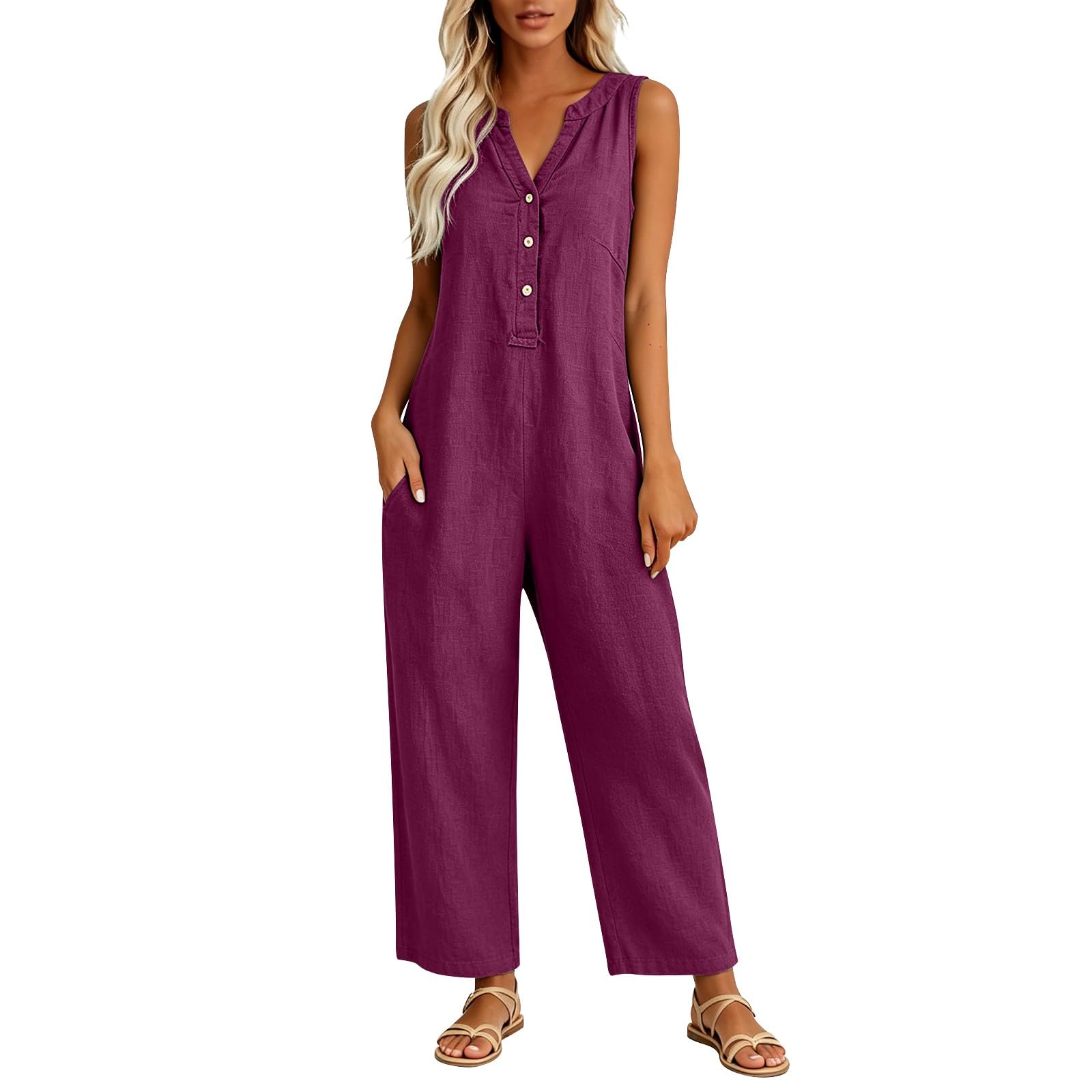 Tuta estiva da donna, in lino, senza maniche, con tasche | Tuta con pantaloni a gamba larga, elegante scollo a V, tuta intera in mussola, casual, per le vacanze