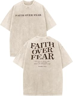Faith Over Fear Shirt for Men Christian Tshirts Jesus Religious Short Sleeve Graphic Acid Washed Tee Top