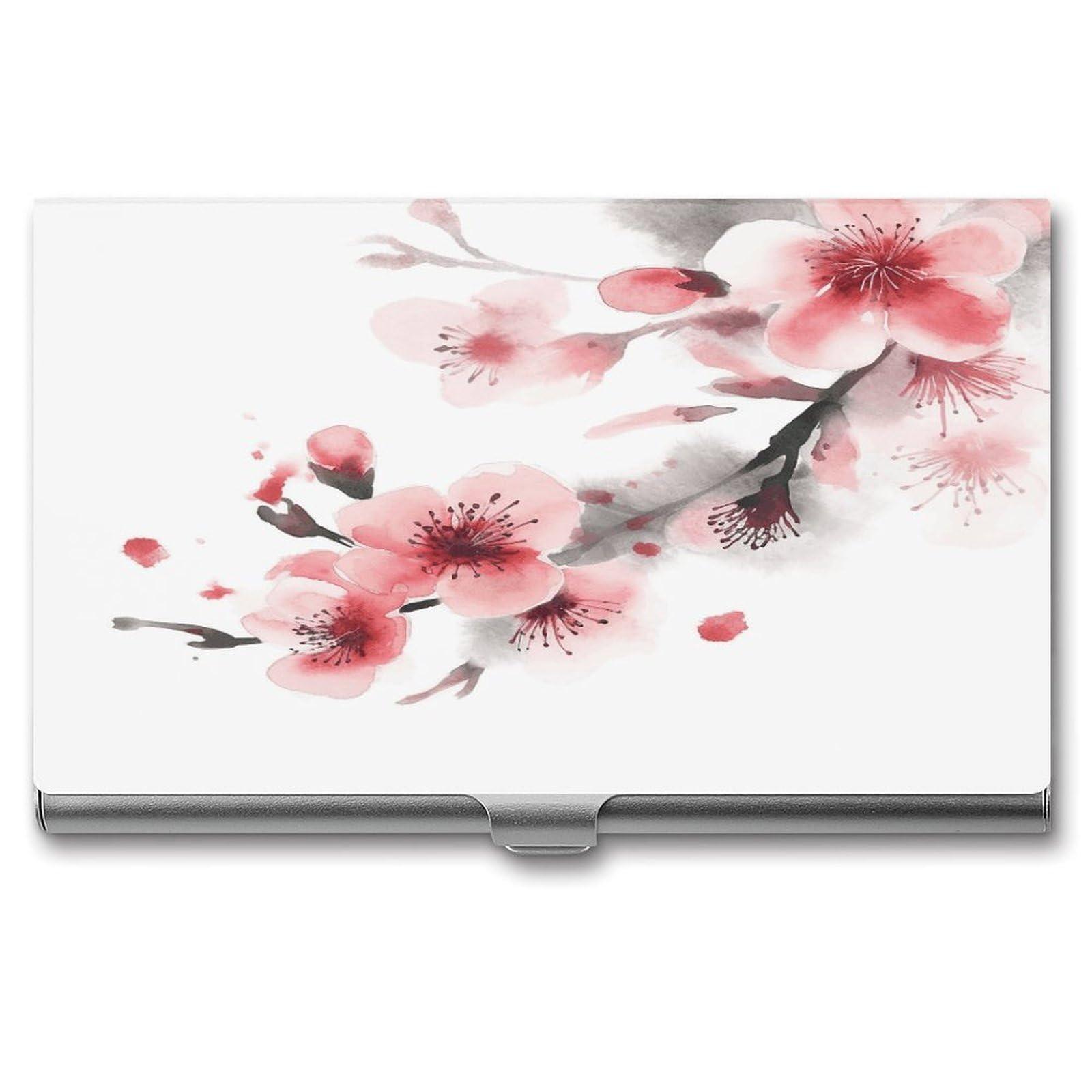 JTREHY Asian Watercolor Pink Cherry Florals Business Card Holder Slim Purse Name Card Holder Portable Metal Business Card Case Wallet Large Capacity Lightweight Business Card Case for Men Women