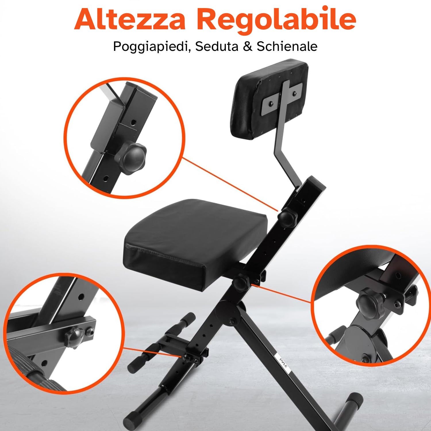 Pyle Sgabello Portatile Regolabile per Musicisti e Performer, Sgabello Batteria Pieghevole, Trono per Batteristi, Chitarristi e Tastieristi con Seduta e Schienale Imbottiti Regolabili, Poggiapiedi