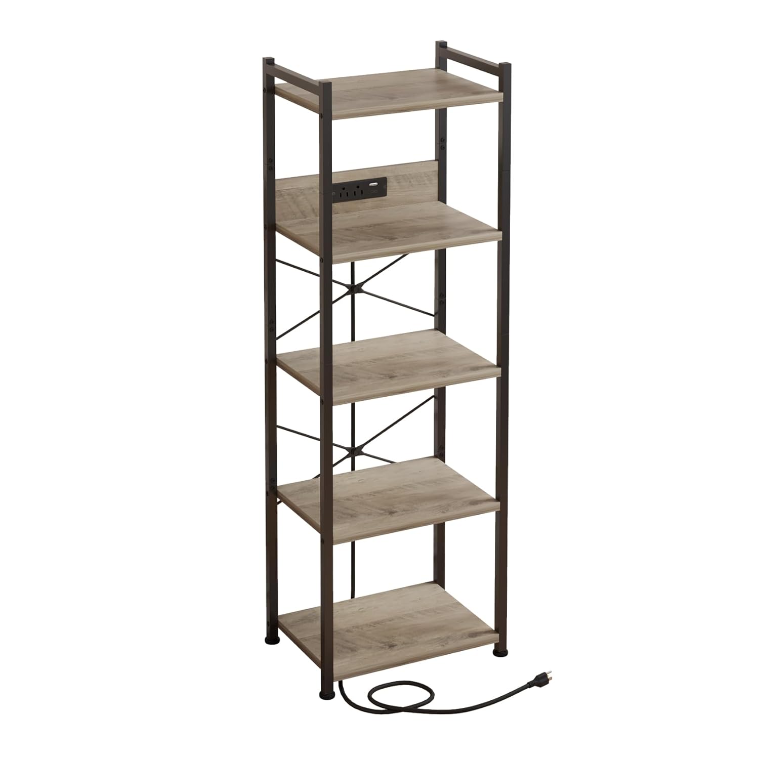 ZIWEI STAR 5 Tier Bookcase with Charging Station Small Bookshelf Industrial Bookcase Storage Shelf Boocase Organizer for CD