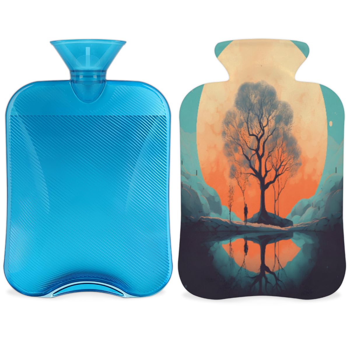 Hot Water Bottle with Soft Cover,2L Tree of Life Hot Water Bag for Hot and Cold Compress, Hand Feet Warmer, Sunset Tree Rubber Hot or Cold Water Bottle Halloween Christmas Decorations