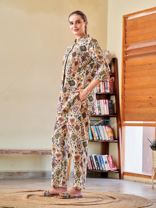 Image of Cotton Relaxed Fit Shirt & Trouser Co-Ord Set for Women |Front Openable Button and 3 /4 Sleeve Shirt |Two Pockets and Elasticated Waist Trouser | Casual Wear and Everyday Wear