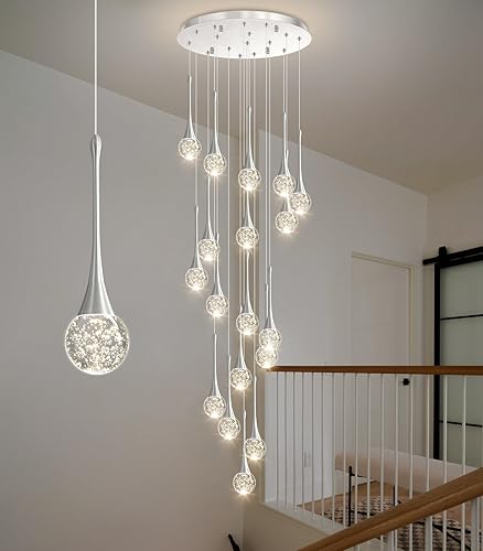 Miniatura 12 de 16 Luces Moderna Lámpara de Techo de Cristal con Diseño Glam para Techos Altos, Lámpara Colgante LED Regulable para Escalera, Vestíbulo, Entrada,