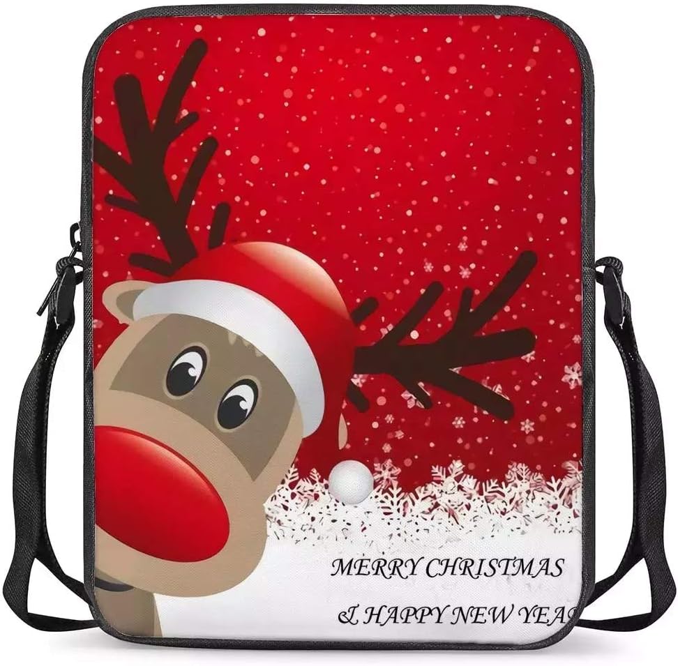 Bigcardesigns Christmas Deer Print Crossbody Bag Zipper Closer Messenger Bags with Adjustable Strap Kids Adult Gift