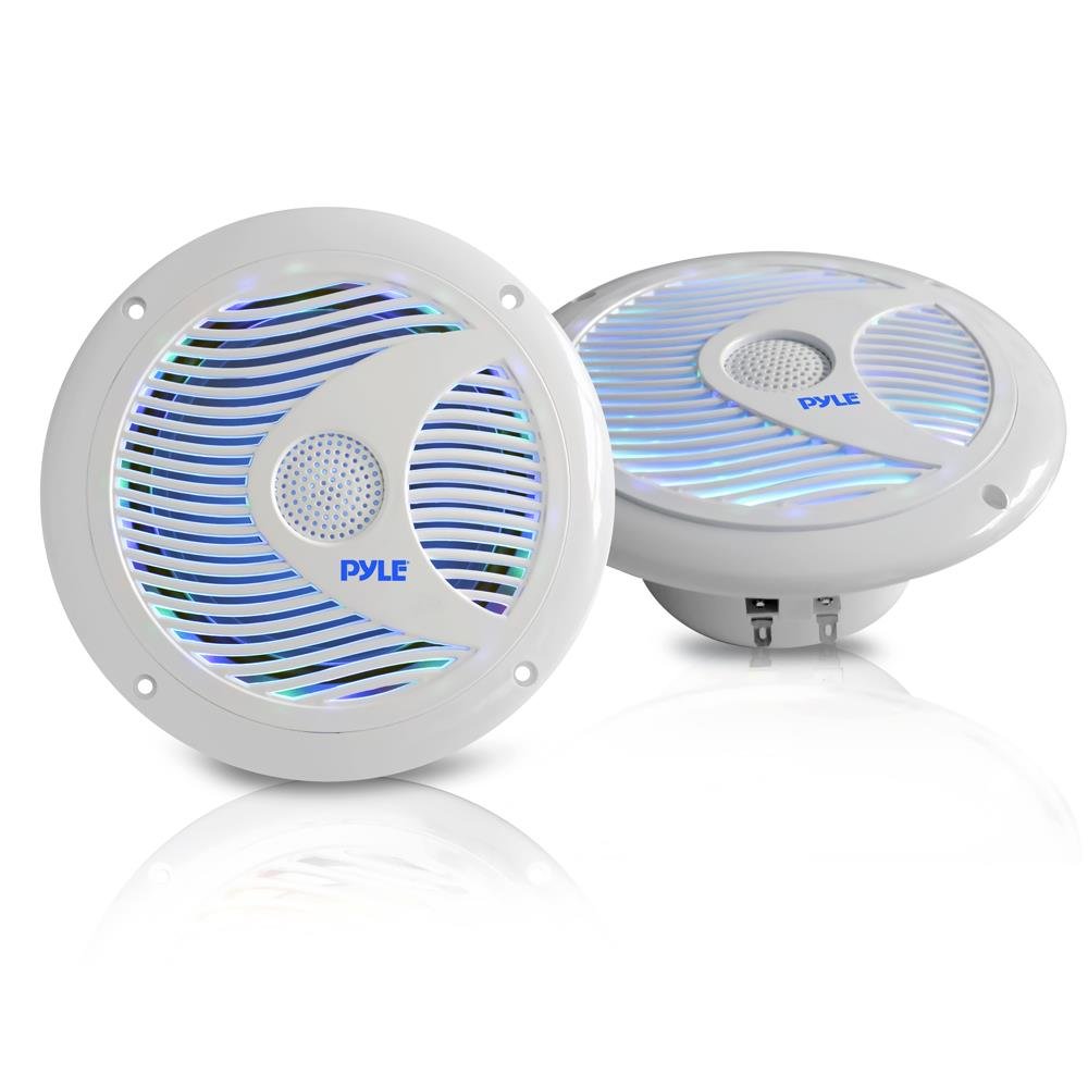 Pyle 6,5-Calowe Podwójne Głośniki Marine – Wodoodporne IP44 i Odporne na Warunki Atmosferyczne, Zewnętrzny System Audio Stereo z Wbudowanym Oświetleniem LED, Moc 150 W (Białe)
