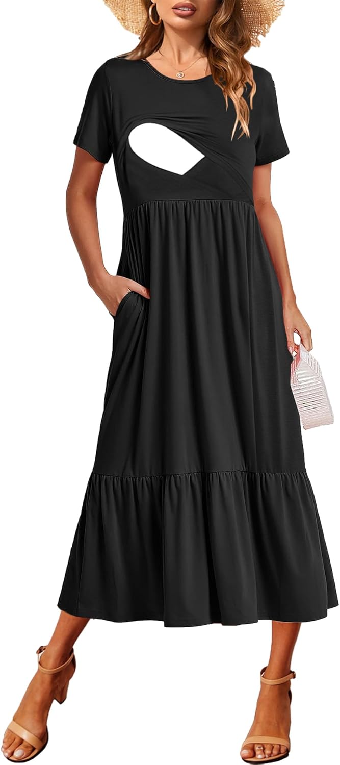 Women Nursing Short Sleeve Crew Neck Fall Dress Maternity Flowy Maxi Dresses Tiered Cocktail Dress with Pockets