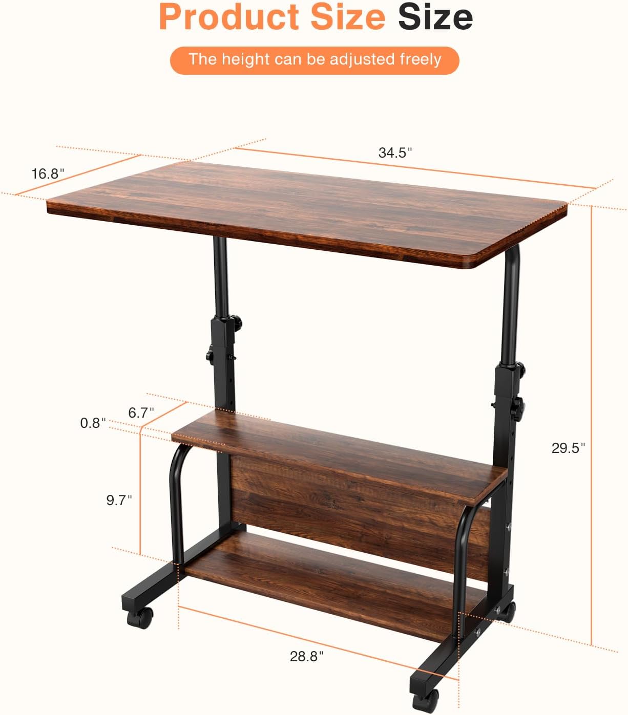Portable Rolling Desk on Wheels Small Standing Desk Adjustable Height Desks with Wheels for Small Spaces, 32" Computer Desk with Storage Shelves for Home Office Study,Rustic - Image 3