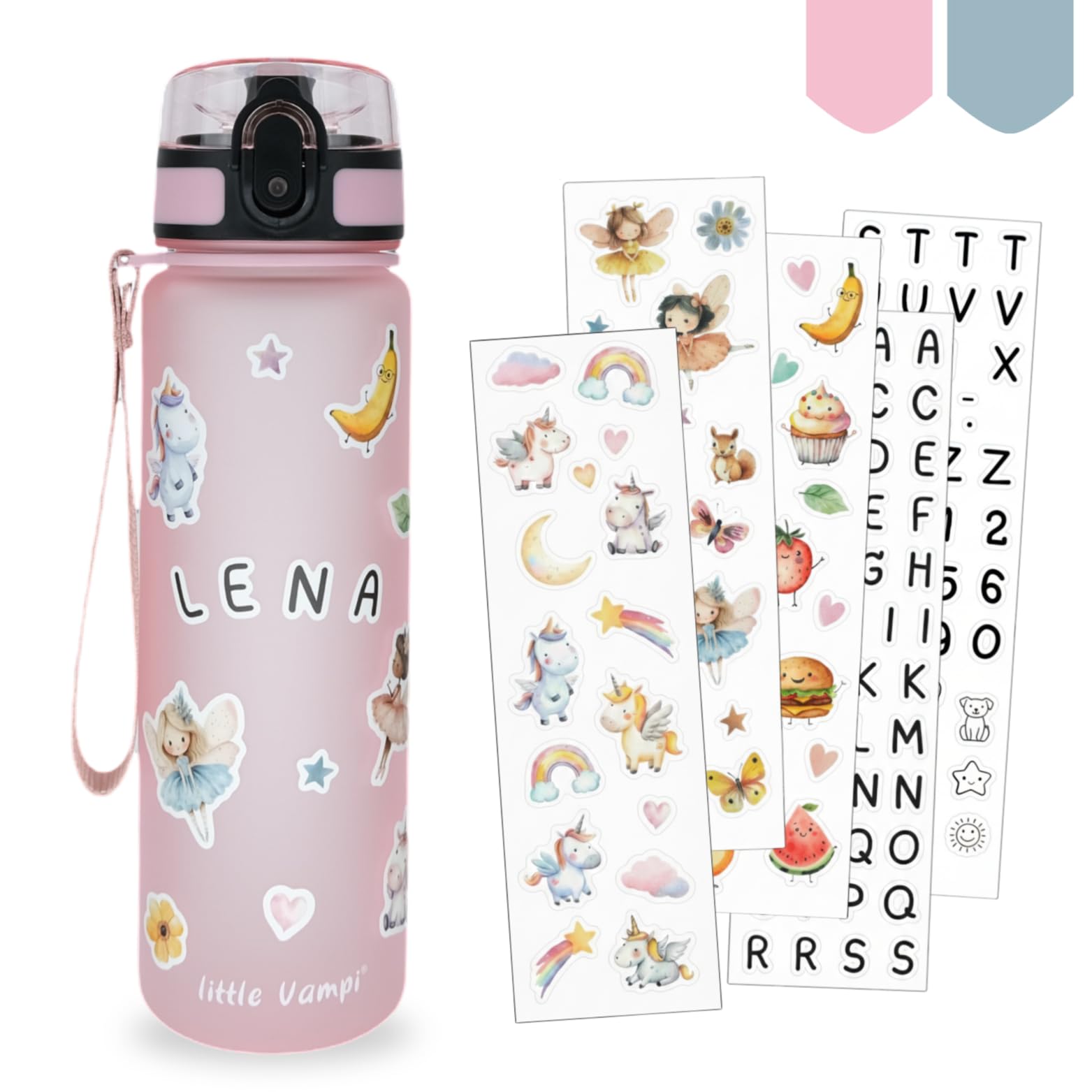 Little Vampi Trinkflasche Kinder Kohlensäure geeignet, 500ml, BPA frei, auslaufsicher und bruchfest - mit liebevoll gestalteten Stickerbögen für eine personalisierte Trinkflasche (Rosa)