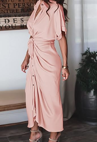 Miniatura 6 de Vestido largo camisero de manga corta con botones y cinturón para mujer, elegante, de satén