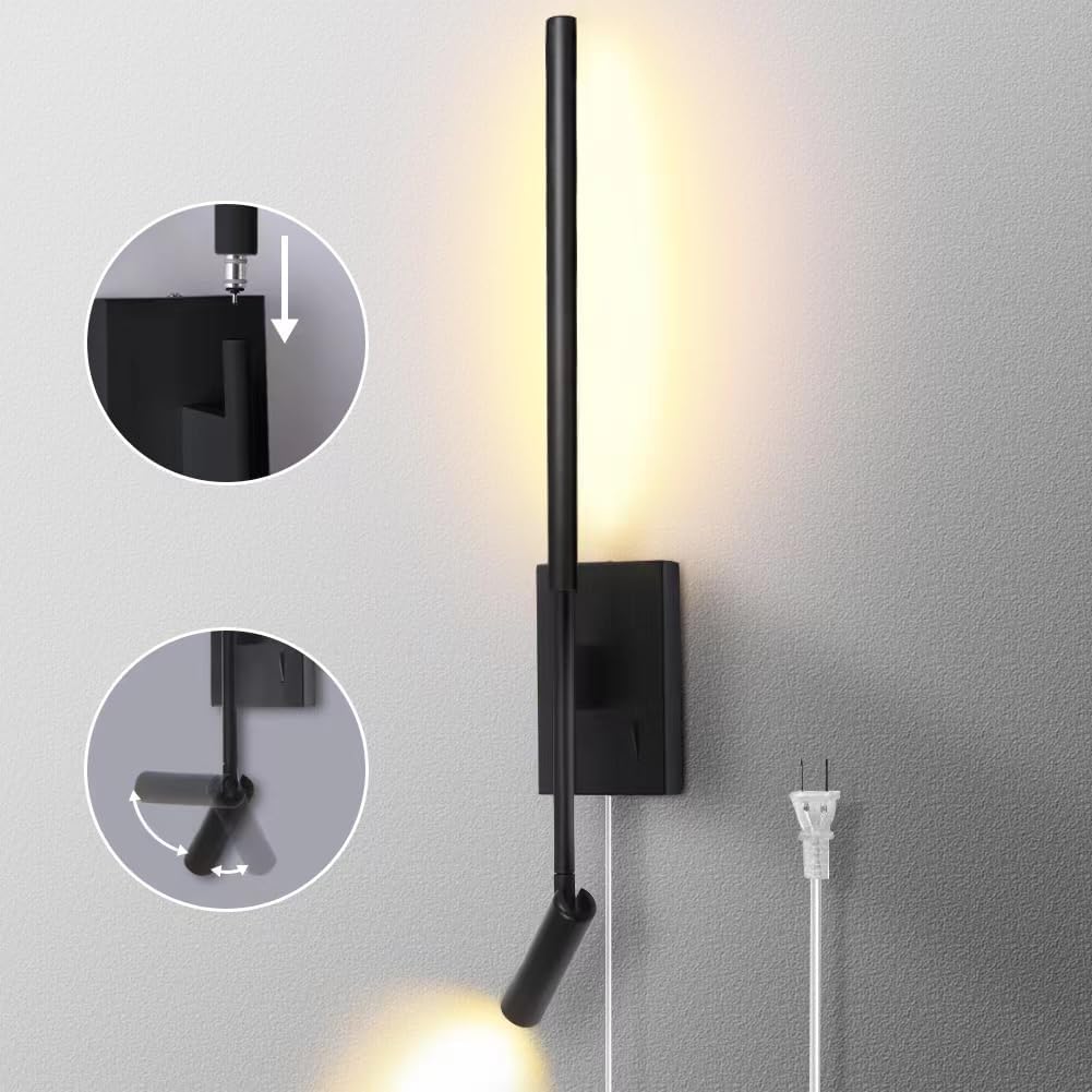 ZEROUNO Modern Plug in Wall Sconce Indoor Wall Light, LED Wall Mounted Lamp with Switch, Matte Black Wall lamp for Living Room Bedroom Hallway Reading etc