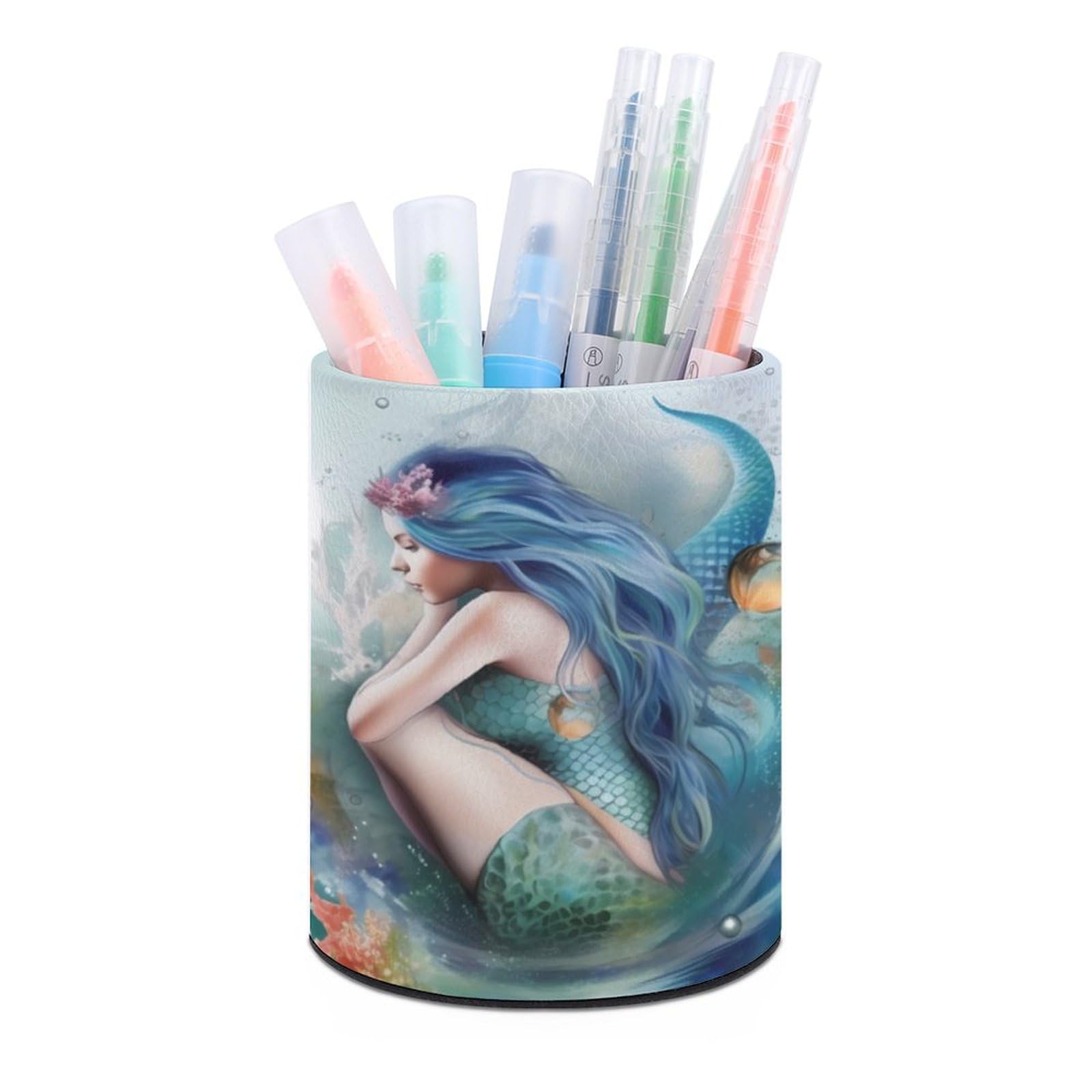 JTREHY Round Pen Holder,Mermaid Printed Makeup Brush Storage Box Desktop Stationery Storage Cup Office Accessories Storage Box Pencil Storage Box for Home Office Dressing Table