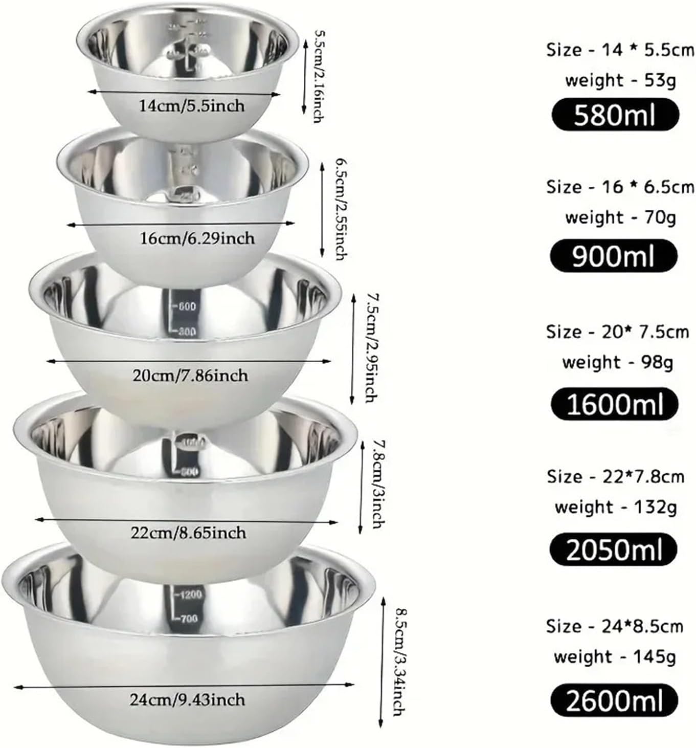 Stainless steel bowl 5 Pcs, Stainless Steel Mixing Bowl, Cooking, Very Suitable for, Baking, Home Kitchen Basin, Fruit, Noodle
