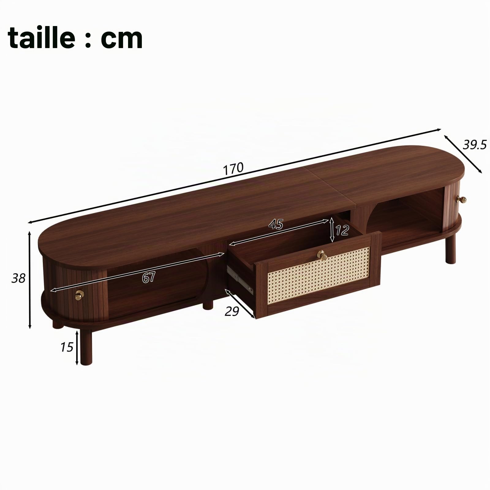 PUGSDRLY Meuble TV avec tiroirs 170 L x 39,5 B x38 H, TV Table pour Salon avec 2 Portes (Natural)