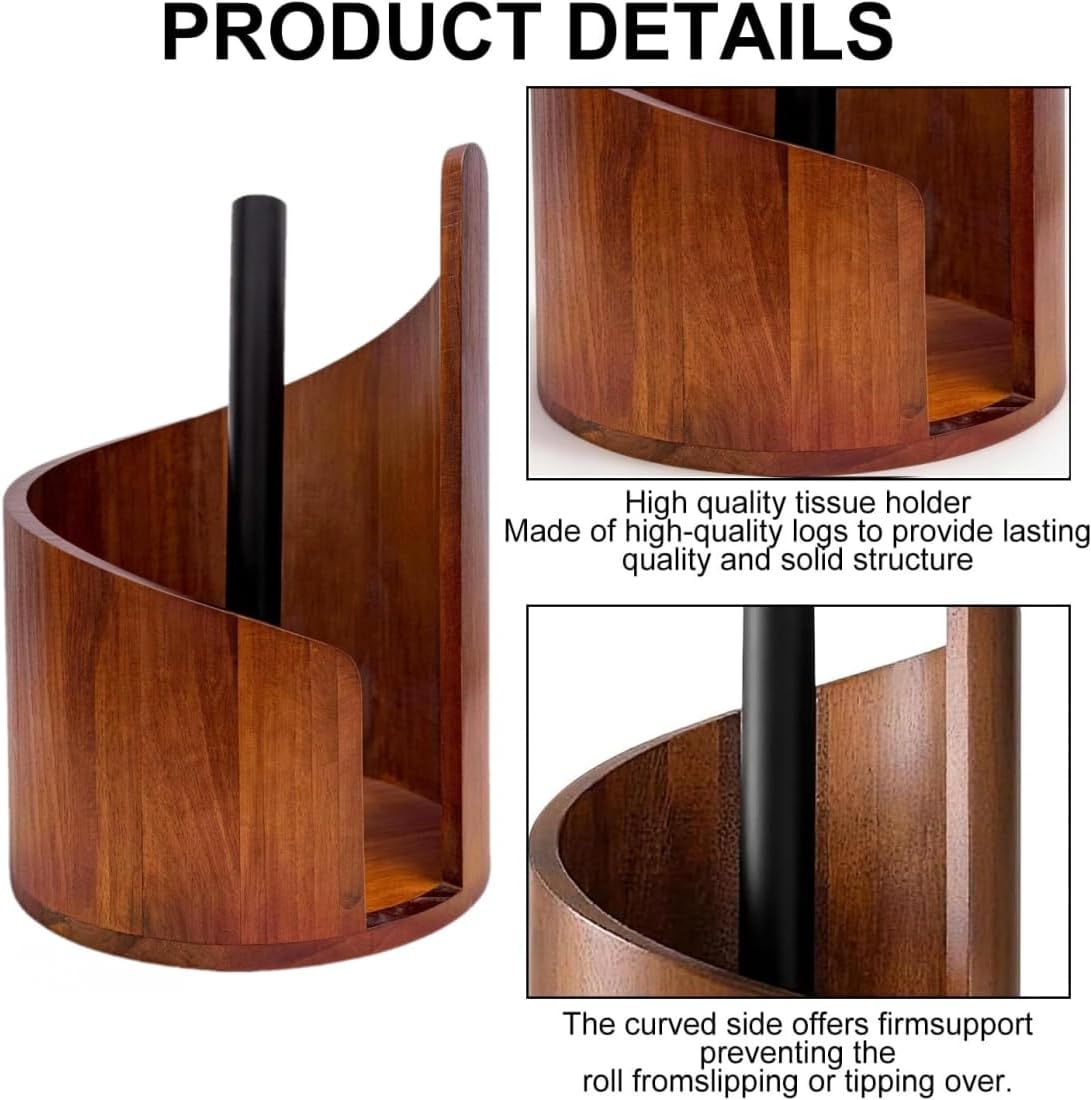 Large Premium Bamboo & Iron Paper Towel Holder - Heavy Duty Countertop Stand for Jumbo Rolls with Round Solid Wood Base, for Kitchen Dining Table Home Decor (Size:11.5 * 8.25in)