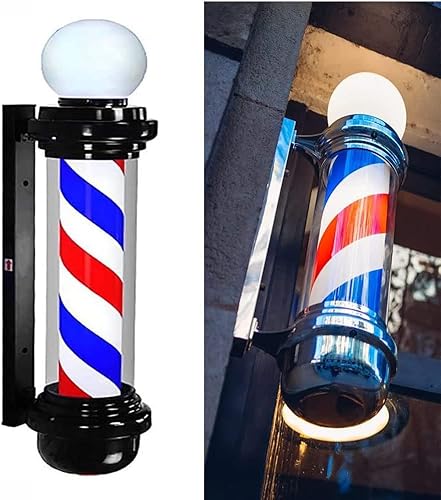 Miniatura 6 de Poste de peluquería de 35 pulgadas, rayas rojas, blancas y azules con luz LED, poste de peluquería tradicional para exteriores, barbería, caja de