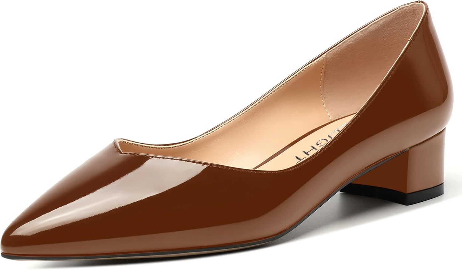 AMBELIGHT Women's 1.5 Inch Chunky Low Heel Slip On Casual Patent Office Pointed Toe Pumps Shoes Brown Size 13 - Zapatos Elegantes de Mujer de Tacon Fino