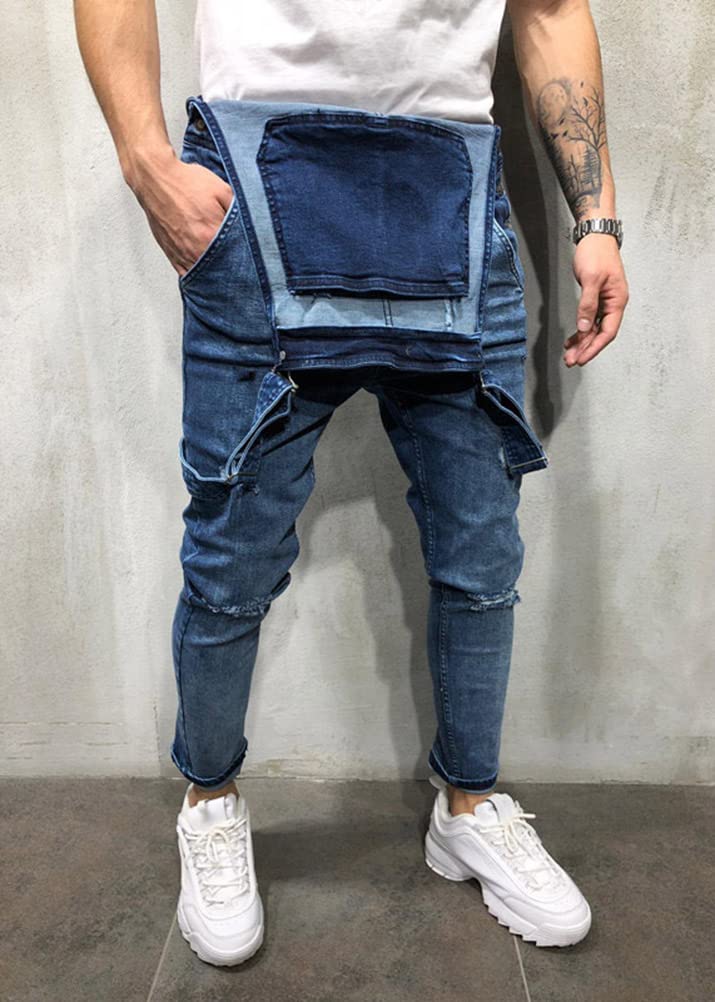 ORANDESIGNE Salopette Uomo in Denim Casual Pantaloni Strappati Uomo in Tinta Unita Salopette Uomo Jeans Slim Fit Moda Ragazzo Jumpsuit Pagliaccetti da Lavoro con Bretelle