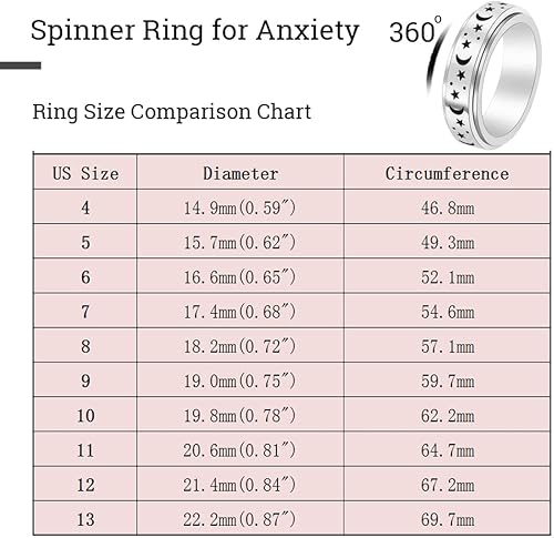 Miniatura 6 de OreilleStar - Anillo de mujer para la ansiedad, juguetes giratorios antiestrés para adultos, acero inoxidable, plateado, luna y estrella
