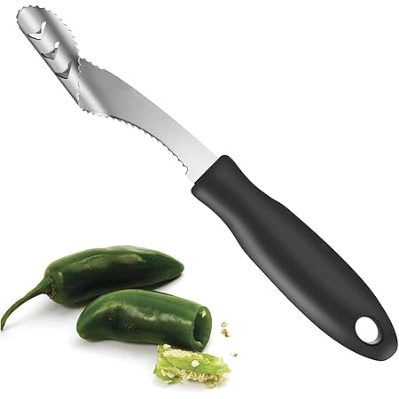 Jalapeno Pepper Corer,FIOTOK Stainless Steel Chili Corer Remover kitchen Tool with Serrated Slice and Rubber Handle Easily Seed Remover or Slice off Vegetables tops for Barbecue Roasting Peppers