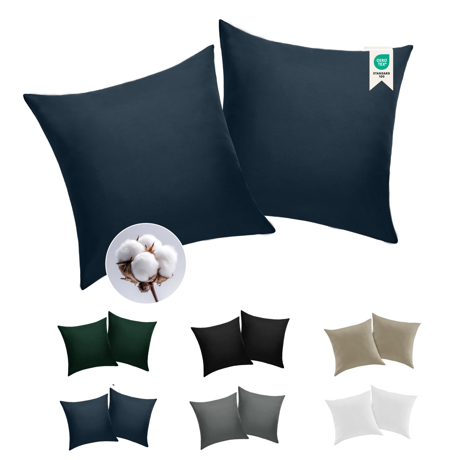 BEDELITE Kissenbezug 80x80 Baumwolle Blau - Kopfkissenbezug 80x80cm Dunkelblau 2er Set mit extra Lange Reißverschluss, weiche Oeko-Tex Kissen Bezug Dark Navy Blue Pillowcase Pillow Cover