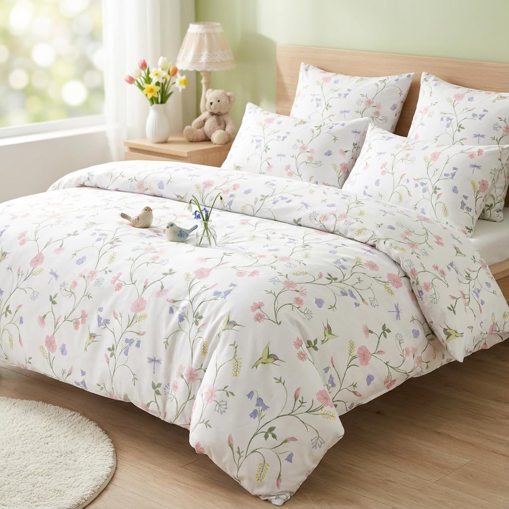 Covebett Duvet Cover Sets King White Pink Purple Floral Flowers Print Microfibre Bedding Set 3pcs Botanical Aesthetic Teen Girls Quilt Cover 220x230 cm with Zipper Closure and 2 Pillowcase 50x75 cm โ image 1