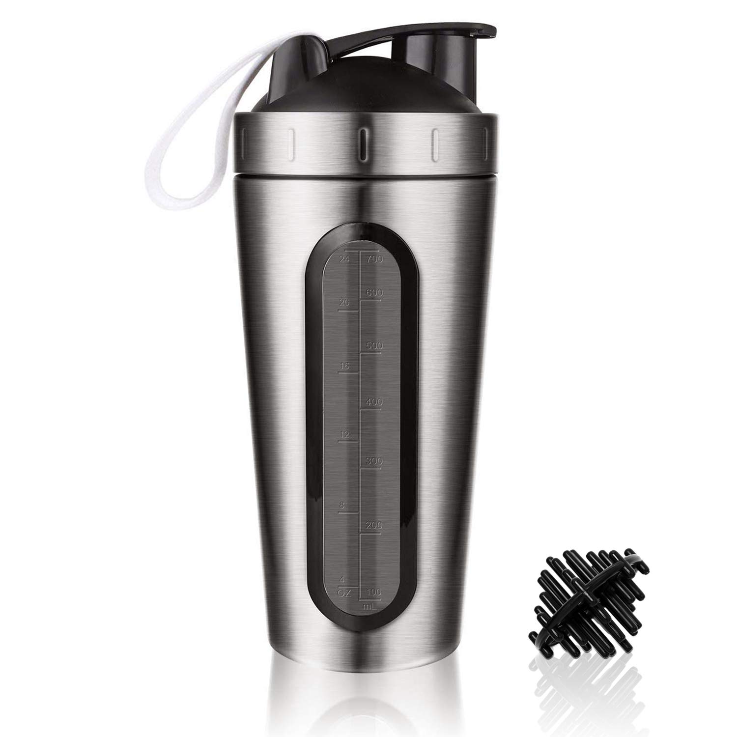 Eiweiss Shaker - Shaker proteico, in acciaio inox, per fitness, mixer a prova di perdite, senza BPA, borraccia sportiva con shaker Ball, per palestra Nutrition Fitness, 750 ml (argento)