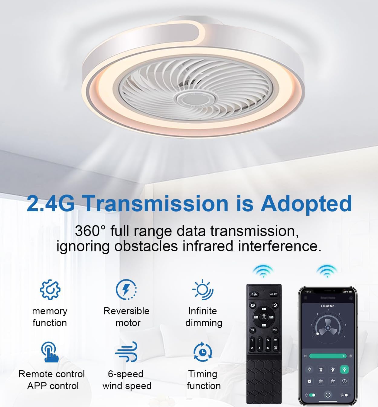 TYJY LED Leise Deckenventilator Mit Beleuchtung 70W Dimmbar Deckenleuchte Mit Ventilator Fernbedienung APP Timer 6-Gang Weiß