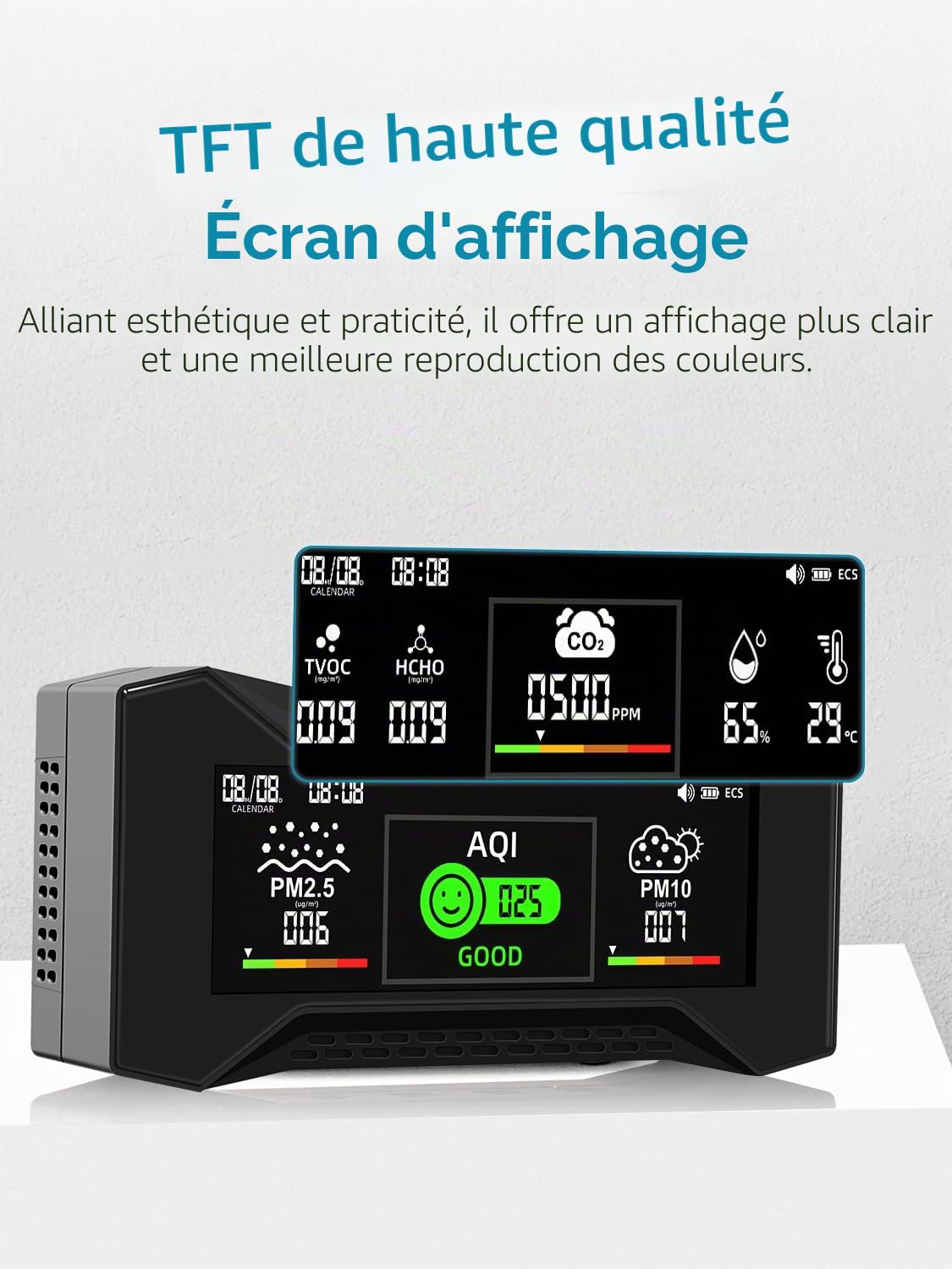 Upgraded CF-20 Moniteur de qualité de l'air Professionnel 10 en 1, capteur co2 et PM2.5, alertes intelligentes de l'AQI, qualité de l'air intérieur Rechargeable pour Une Utilisation au Bureau