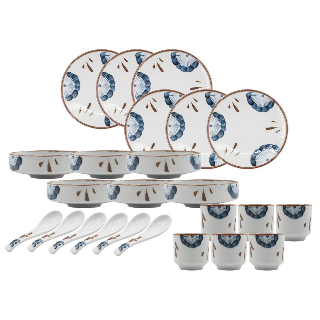 Vajillas de cerámica, vajilla Retro de Porcelana de 24 Piezas para restaurantes y reuniones Familiares. Incluye Platos y Cuencos Pintados en D.