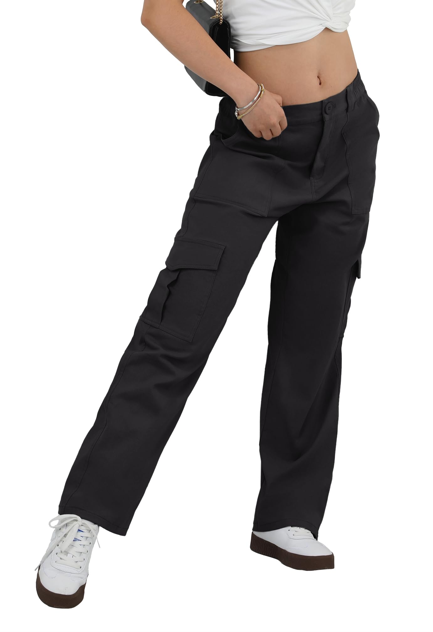 HiMONE Petite Womens Cargo Pants Baggy Y2K Jeans High Waisted Casual Stretchy Wide Leg Streetwear with 6 Pockets