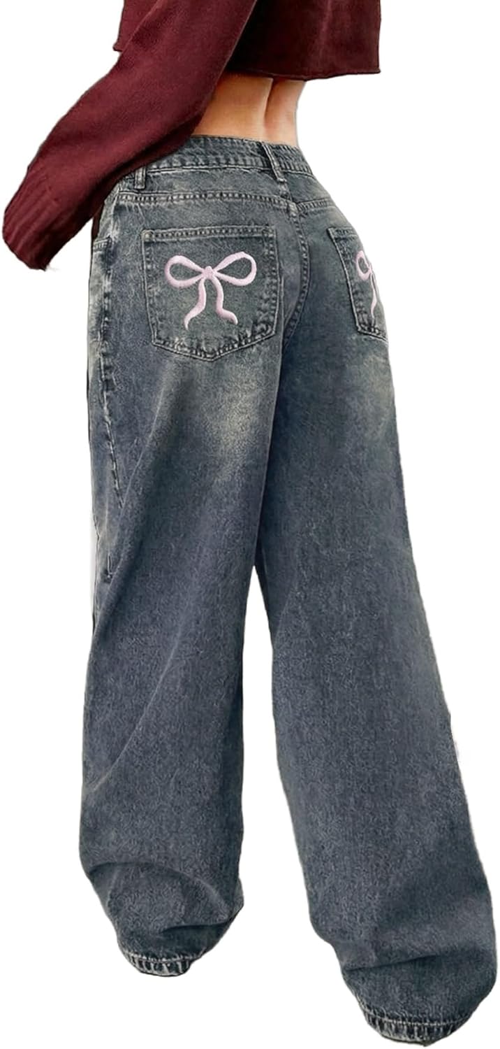 MakeMeChic Girl's Jeans Baggy Wide Straight Leg High Elastic Waisted Denim Pants Y2k Kid 6-14Y
